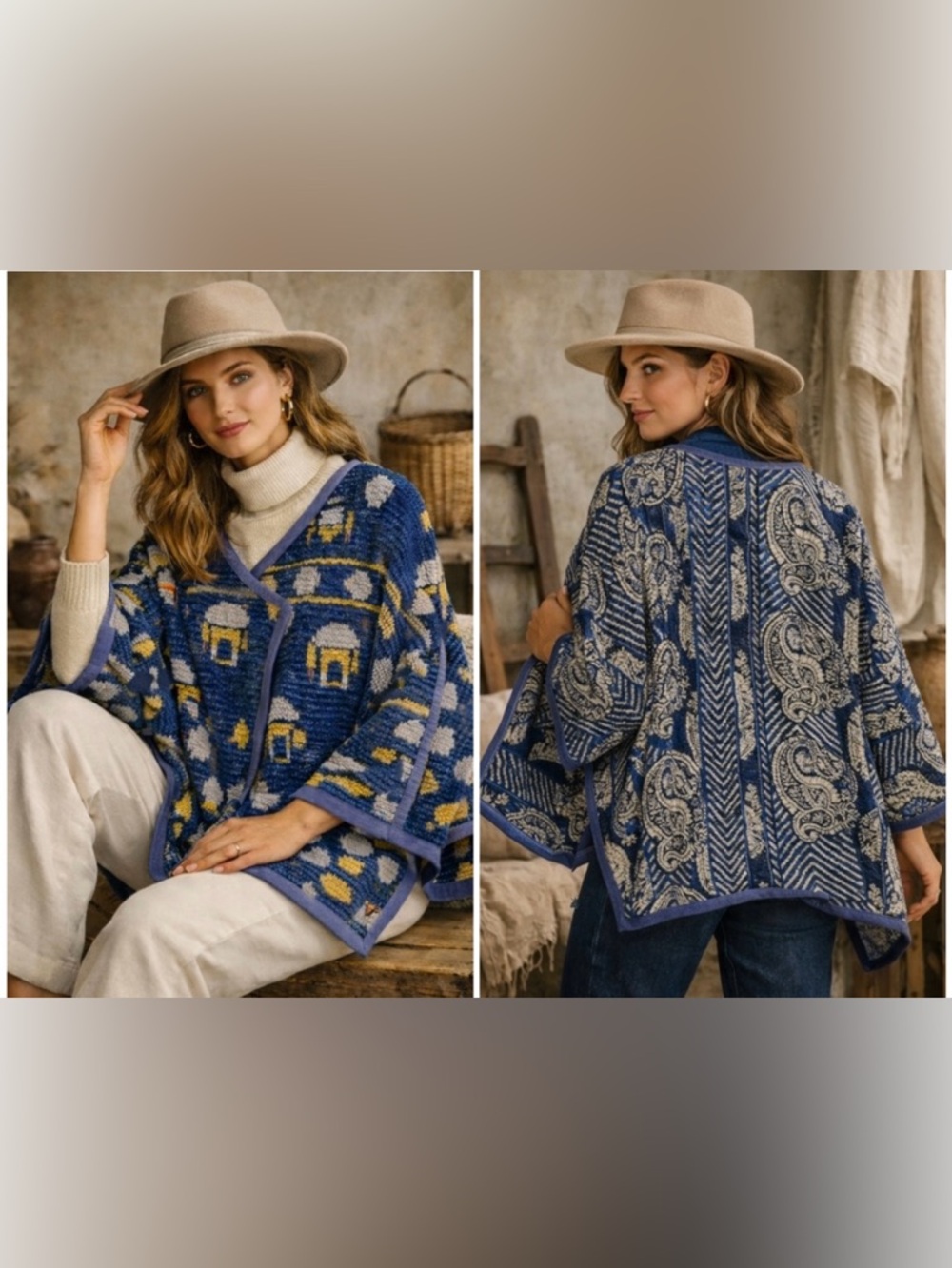 New! Mieko Mintz Vintage Reversible Printed Cotton Handmade Kantha Poncho💙Medium